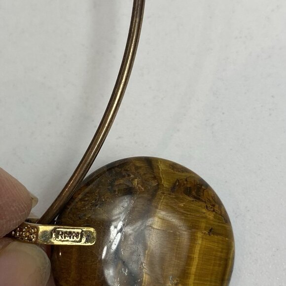 RMN Tigers Eye Wire Necklace Choker Round Pendant Aged Brass Finish Boho Hippie - Picture 4 of 7